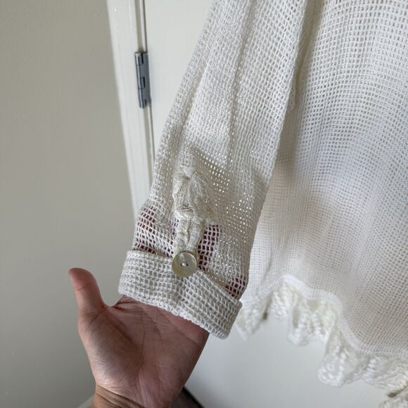 LeModa Knit Sweater Top White Beach Mesh Lace Trim Y2K Boho Fairy Vacation Large - Picture 4 of 9